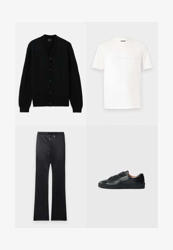 Zwarte gebreide cardigan met lange mouwen, geribbelde manchet, vijf voorknopen en V-hals, plat gelegd op een witte achtergrond.; Witte, korte mouw t-shirt met een ronde hals en een subtiel, geperst Emporio Armani-logo midden op de borst.; Zwarte sportbroek met een trekkoord in de taille, gemaakt van een gladde stof. Uitlopende pijpen en een minimalistisch uiterlijk zonder patronen.; Zwarte leren sneaker met een gladde textuur, ronde neus en vetersluiting. Heeft een dikke rubberen zool en minimale merkaanpassing.