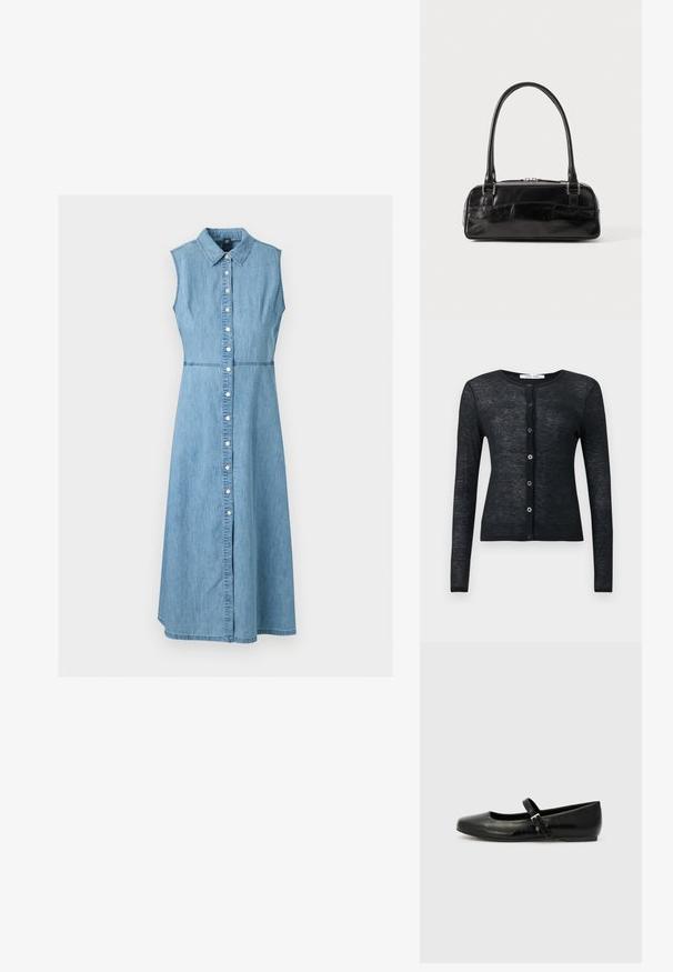Cardigan noir à manches longues, boutonné, avec encolure ronde et texture en tricot fin, présenté sur un fond uni.; Robe midi en denim bleu clair sans manches avec col et fermeture à boutons sur le devant, taille cintrée et jupe en ligne A.; Ballerines en cuir noir avec un bout arrondi, une semelle plate et une fine sangle ajustable sur le cou-de-pied avec une boucle en métal.; Sac à main en cuir noir de forme rectangulaire, doté d'une seule ansse structurée, de quincaillerie argentée et d'une fermeture éclair. Texture lisse.