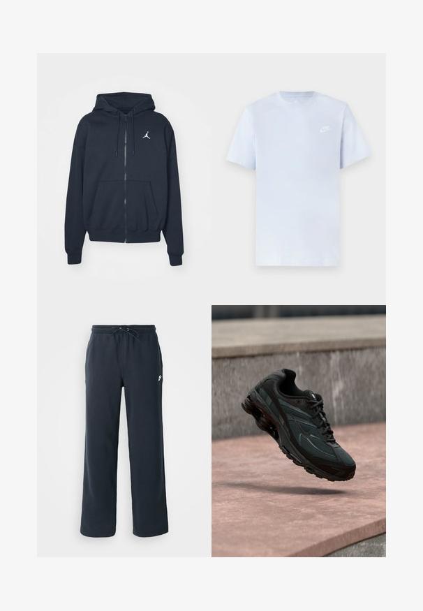 Marineblauwe hoodie met rits van zachte stof, voorzien van een kangoeroezak, geribbelde manchetten en een wit Jordan-logo op de linkerborst.; Lichtblauwe katoenen t-shirt met korte mouwen, ronde hals en een wit Nike-logo gedrukt op de linkerborst. Glad textuur, eenvoudig ontwerp.; Donkerblauwe joggingbroek met een elastische tailleband en een trekkoord. Gemaakt van zachte stof, met een klein wit logo op de linkerheup.; Zwarte atletische sneaker met zichtbare luchtgeveerde tussenzool die boven een roze stenen oppervlak zweeft met een grijze stenen muur op de achtergrond.