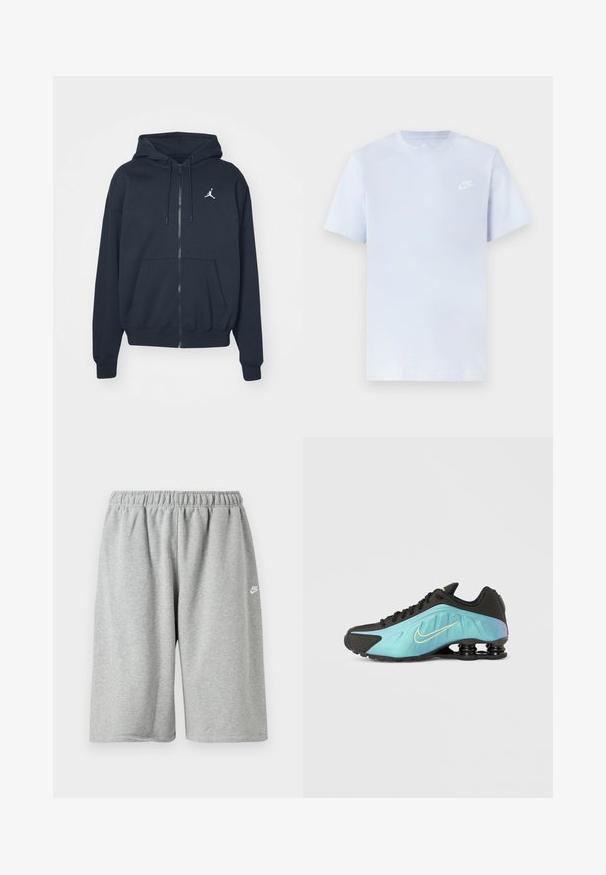 Marineblauwe hoodie met rits van zachte stof, voorzien van een kangoeroezak, geribbelde manchetten en een wit Jordan-logo op de linkerborst.; Lichtblauwe katoenen t-shirt met korte mouwen, ronde hals en een wit Nike-logo gedrukt op de linkerborst. Glad textuur, eenvoudig ontwerp.; Grijze katoenen shorts met een elastische tailleband, voorzien van een losse pasvorm en een klein wit logo vlakbij de zoom. Gladde textuur, boven-knielengte.; Zwarte sneaker met een turquoise verloopontwerp, met een gouden logo, een gestructureerd oppervlak en opvallende demping bij de zool.