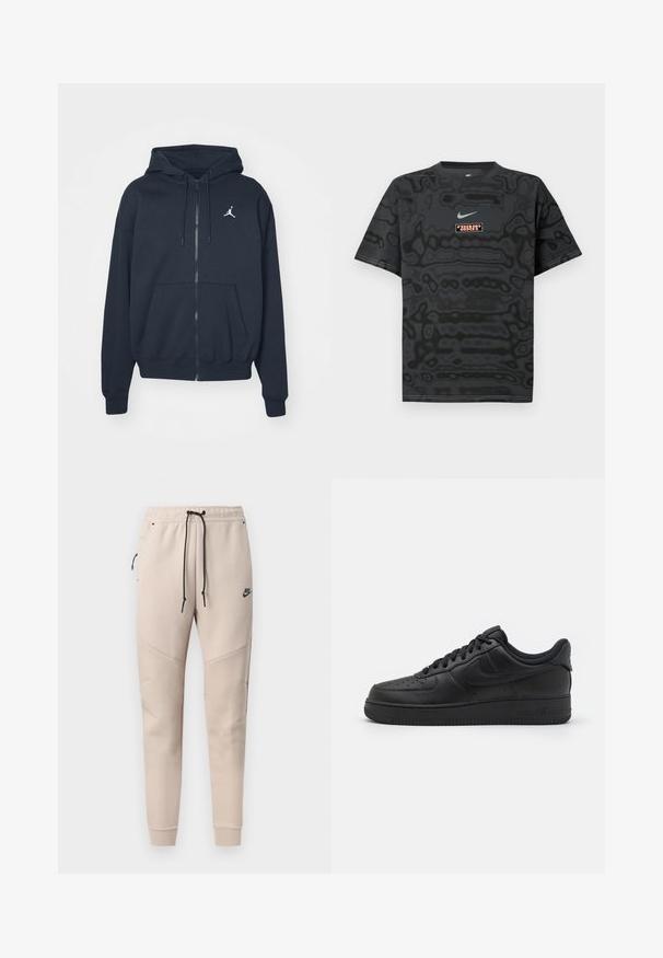 Tumesinist lukuga kapuutsiga pusa pehmest kangast, millel on kängurutasku, soonikkoes mansetid ja vasakul rinnal valge Jordani logo.; Must T-särk tekstuurse mustriga, millel on helesinine väike Nike logo ja ristkülikukujuline kontrastsetes värvides logomärk.; Beežid Nike püksid musta nööriga, külje tõmblukuga tasku, õmmeldud põlvepanelid ja elastsed värvlid.; Nike Sportswear AIR FORCE 1 07 FLYEASE - Tossud - black