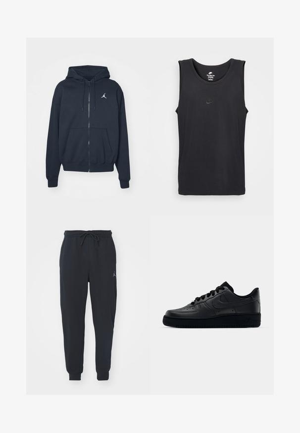 Marineblå hættejakke med lynlås i blødt stof, med kengurulomme, ribbet kant ved ærmerne og et hvidt Jordan-logo på venstre bryst.; Sort ærmeløs Nike tanktop lavet af bomuld, med rund halsudskæring og et lille præget logo på brystet. Glat stoftekstur.; Sorte joggingbukser lavet af blødt stof, med en elastisk talje med snøre, ribbede manchetter og et lille logo på venstre lår.; Sort Nike Air Force 1 sneaker med en glat læderoverdel, perforeret tå for åndbarhed, sorte snørebånd og en textured gummisål.