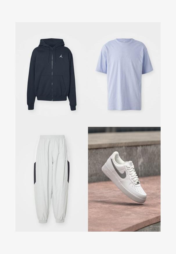 Marineblauwe hoodie met rits van zachte stof, voorzien van een kangoeroezak, geribbelde manchetten en een wit Jordan-logo op de linkerborst.; Lichtblauwe katoenen T-shirt met een ronde hals en korte mouwen. Kenmerkt zich door een reliëf "nike" logo op het midden van de voorkant. Zachte textuur.; Lichtgrijze joggingbroek van lichtgewicht stof, met een elastische tailleband en boorden, en contrasterende zwarte en witte zijpanelen.; Witte Nike Air Force 1 sneaker met grijs swoosh-logo zwevend boven een stenen oppervlak en een grijze stenen muur op de achtergrond.