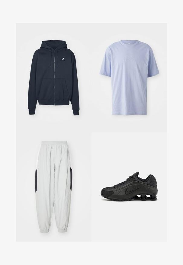 Marineblauwe hoodie met rits van zachte stof, voorzien van een kangoeroezak, geribbelde manchetten en een wit Jordan-logo op de linkerborst.; Lichtblauwe katoenen T-shirt met een ronde hals en korte mouwen. Kenmerkt zich door een reliëf "nike" logo op het midden van de voorkant. Zachte textuur.; Lichtgrijze joggingbroek van lichtgewicht stof, met een elastische tailleband en boorden, en contrasterende zwarte en witte zijpanelen.; Zwarte hardloopschoenen met een glad bovenwerk van synthetisch materiaal, geperforeerde accenten, gestructureerde zijpanelen en een opvallende veerkrachtige zool.