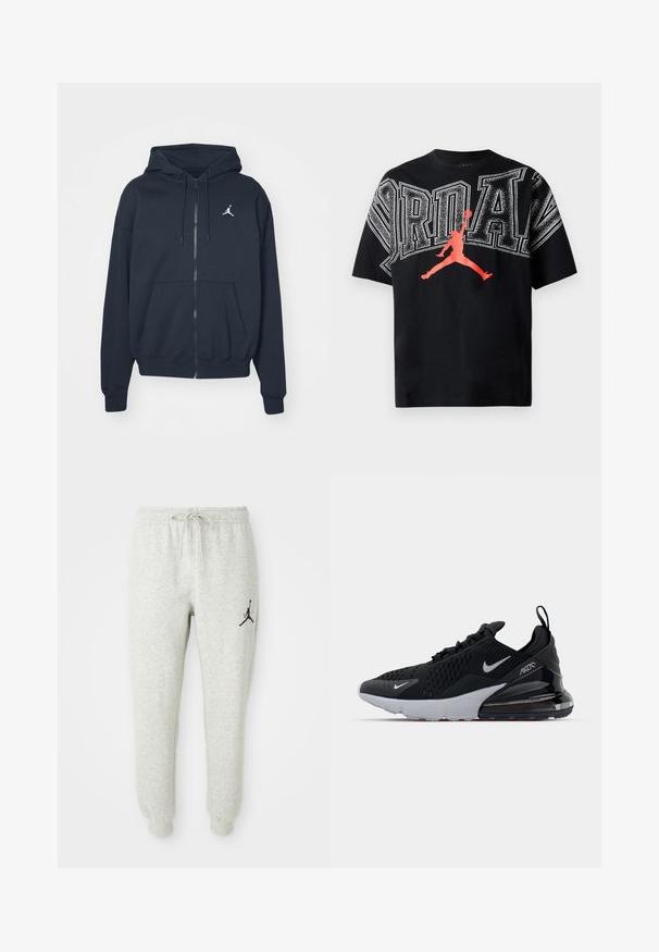 Marineblå hættejakke med lynlås i blødt stof, med kengurulomme, ribbet kant ved ærmerne og et hvidt Jordan-logo på venstre bryst.; Sort bomulds T-shirt med fed hvid "JORDAN" tekst og rød silhuetgrafik af en basketballspiller i et spring. Rund hals, korte ærmer.; Grå svedbukser med elastisk talje og snøre, med et sort Jumpman-logo på venstre ben, lavet af blødt, tekstureret stof.; Sort atletiksko med mesh-overdel, hvid sål og synlig luftdæmpning i hælen. Slank design med diskrete sølvdetaljer.