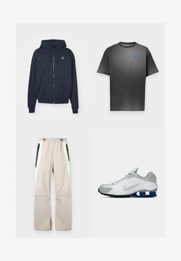 Marineblauwe hoodie met rits van zachte stof, voorzien van een kangoeroezak, geribbelde manchetten en een wit Jordan-logo op de linkerborst.; Grijs T-shirt met korte mouwen, voorzien van een subtiele verloopkleur, ronde hals en een klein blauw logo op de borst. Gladde stoftextuur.; Beige broek met lichtgroene zijpanelen, zwarte dijzakken met rits en elastische tailleband met zwarte trekkoorden.; Witte en grijze Nike hardloopschoen met zilveren swoosh, blauwe veerachtige zoolunits en zwarte loopvlakken op een effen achtergrond.