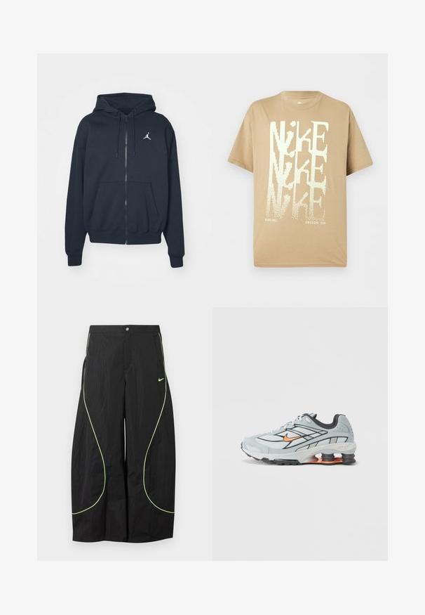 Marineblauwe hoodie met rits van zachte stof, voorzien van een kangoeroezak, geribbelde manchetten en een wit Jordan-logo op de linkerborst.; Beige Nike T-shirt met korte mouwen met overlappend grote witte "NIKE" tekst en kleine "NIKE INC." en "OREGON, USA" onderaan.; Zwarte wijde Nike-broek met neon groene gebogen biezen en klein Nike-swoosh-logo op de rechterdij, knoop- en ritssluiting in de taille.; Lichtgrijze hardloopschoen met zwarte accenten, oranje logo, bovenwerk van mesh, gevoerde kraag en rubberen zool met zichtbare schokabsorberende elementen.