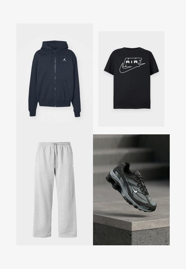 Marineblå hættejakke med lynlås i blødt stof, med kengurulomme, ribbet kant ved ærmerne og et hvidt Jordan-logo på venstre bryst.; Sort kortærmet T-shirt med fed hvid stiliseret "AIR" tekst og et swoosh-logo over brystet på en ensfarvet baggrund.; Lys grå sweatpants med snøre i taljen, lavet af blød bomuldsblanding, med brede ben og en glat tekstur. Ingen synlige lommer.; Grå og sort atletiksko med meshpaneler og tyk sål, placeret i luften over en betonliste med trapper i baggrunden.