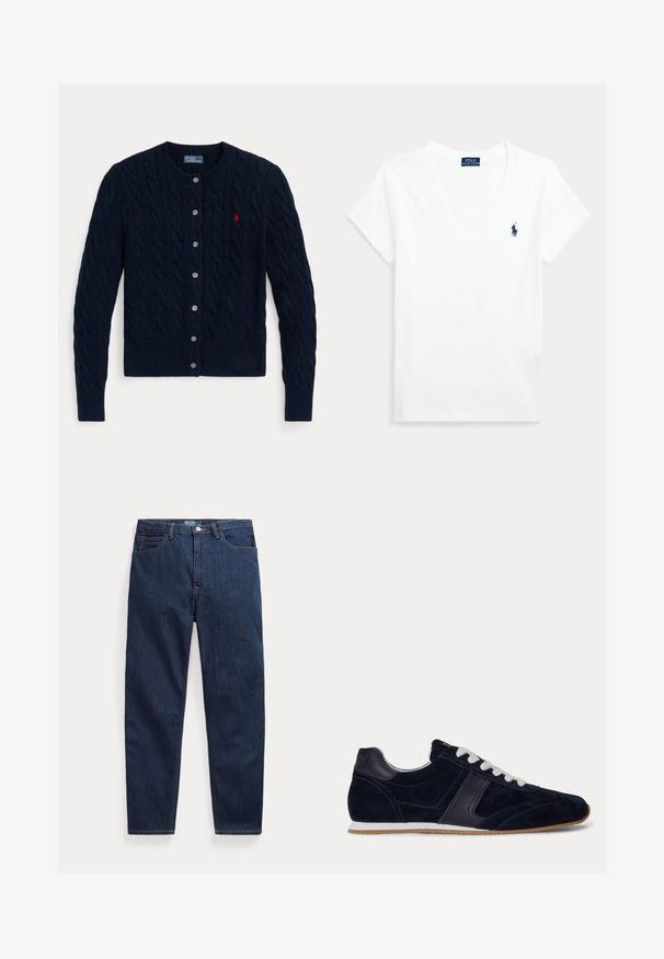 Marineblauwe kabelgebreide cardigan met lange mouwen, knoopsluiting aan de voorkant, geribde boorden en zoom, en een klein rood geborduurd logo op de borst.; Witte T-shirt met korte mouwen en V-hals, met klein marineblauw Polo Ralph Lauren-logo op de linkerborst.; Donkerblauwe denim jeans met vijf zakken, knoopsluiting en rechte pijpen, plat gelegd op een witte achtergrond.; Navy blauwe suède en lederen sneaker met witte veters en rubberen zool, zijaanzicht op een witte achtergrond.