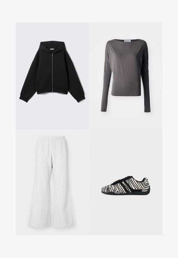 Sweat à capuche zippé noir, manches longues, poches avant et capuche, présenté sur un fond uni gris clair.; Haut à manches longues de couleur gris foncé, fabriqué en tissu doux. Présente un large col et une silhouette ajustée. Les accents comprennent des découpes aux manches.; Pantalons de survêtement évasés gris clair avec une taille élastique, fabriqués en tissu doux et texturé. Présente une coupe décontractée et de larges ouvertures aux jambes.; Baskets à lacets noires et blanches avec motif rayures zèbre et semelle noire texturée sur un fond clair uni.