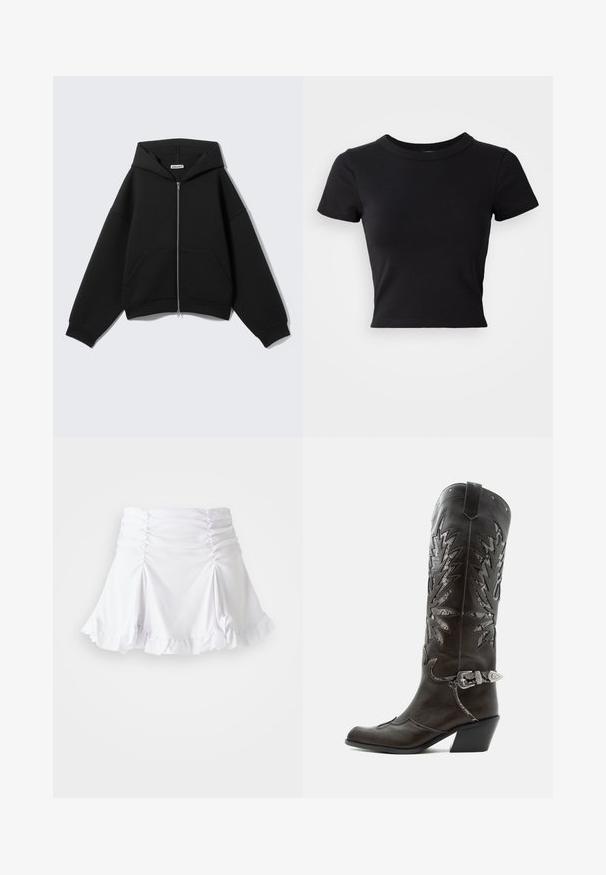 Black zip-up hoodie with long sleeves, front pockets, and a hood, displayed on a plain light gray background.; Black cropped t-shirt made of solid cotton, featuring short sleeves and a round neckline, with a smooth and simple design.; White skirt made of textured fabric with ruched detailing and ruffled hem. Features a flared design with a fitted waist.; Black leather cowboy boot with decorative cutouts, silver buckle, and angled heel, displayed on white background.
