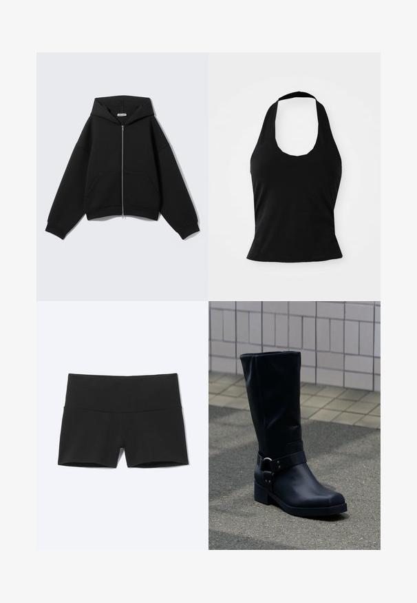 Sweat à capuche zippé noir, manches longues, poches avant et capuche, présenté sur un fond uni gris clair.; Haut halter noir en tissu doux, avec un col rond et une silhouette ajustée, à la texture lisse et sans motifs visibles.; Shorts de sport noirs moulants avec une large ceinture, conçus pour le confort et la flexibilité.; Botte en cuir noire mi-mollet avec un petit talon bloc et une bride décorative avec boucle métallique autour de la cheville, sur un trottoir carrelé.