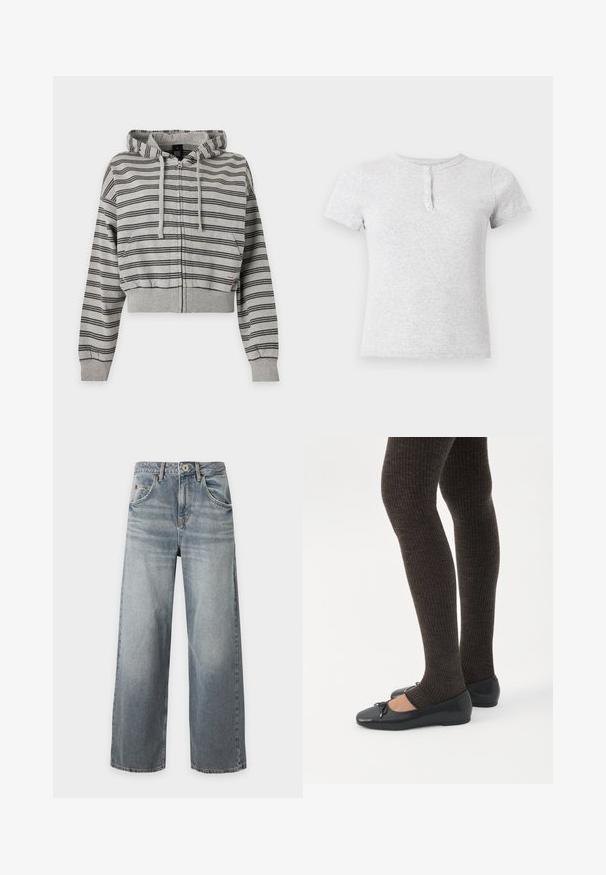 Gray hooded zip-up sweatshirt with black horizontal stripes, drawstrings, front pockets, and ribbed cuffs and hem.; Light gray short-sleeve t-shirt with a round neckline and a three-button placket on the front.; Light blue wide-leg jeans with a faded wash, front button and zip closure, front and back pockets, and belt loops, laid flat on white background.; Legs wearing dark ribbed leggings paired with black ballet flats featuring small bow details on a white background.