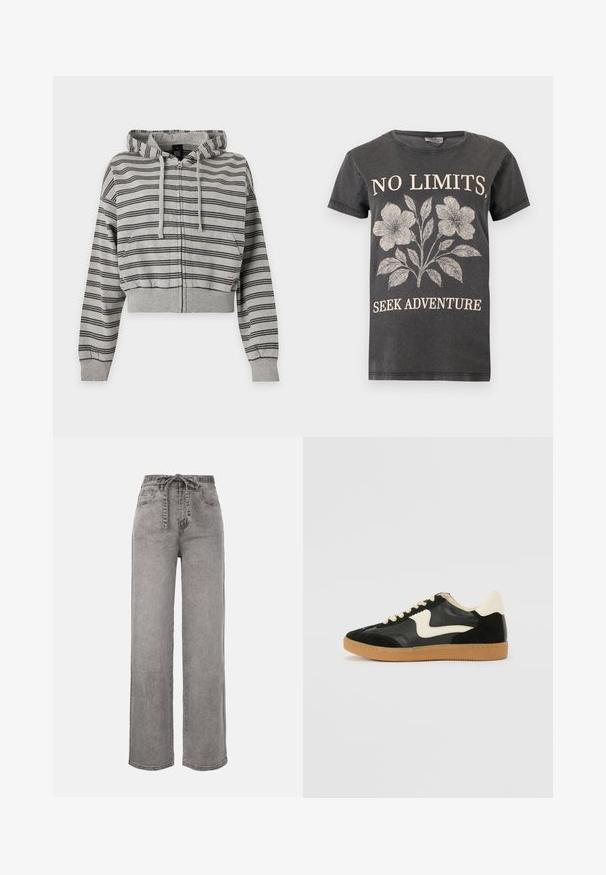 Gray hooded zip-up sweatshirt with black horizontal stripes, drawstrings, front pockets, and ribbed cuffs and hem.; Dark gray T-shirt with light floral design and text "NO LIMITS." above flowers and "SEEK ADVENTURE" below on the front.; High-waisted wide-leg grey denim jeans with a fabric belt tied at the front and front pockets.; Black suede and leather sneaker with a cream side swoosh and light cream heel. Features beige laces and a gum rubber outsole.