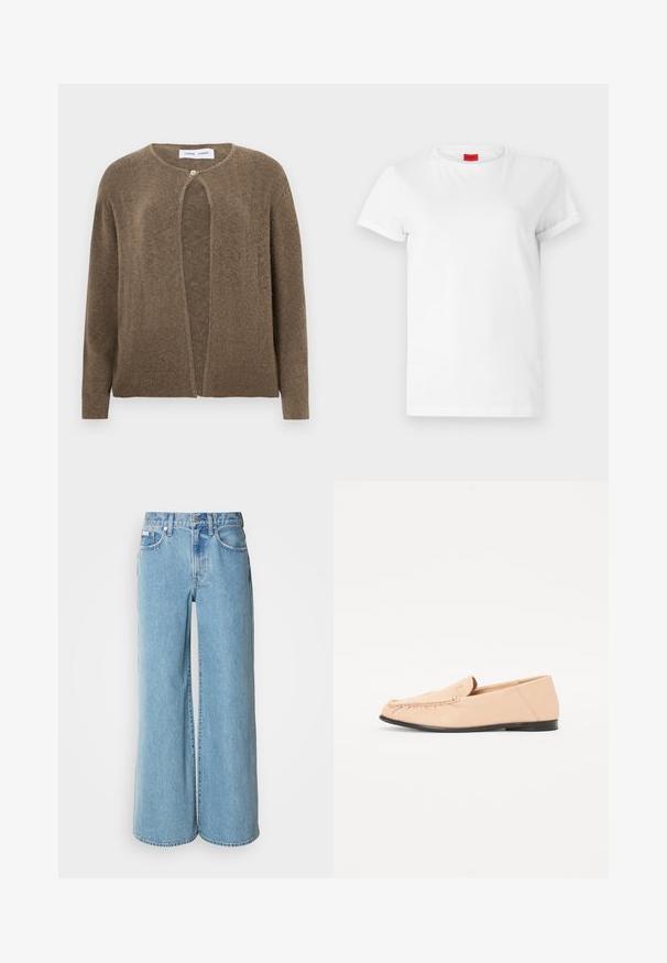 Cardigan ouvert marron avec un col rond et des manches longues. Présente une fermeture à un bouton et des poignets et un ourlet côtelés. Texture douce.; T-shirt blanc à manches courtes en coton léger. Présente un col rond et des manches retroussées. Étiquette logo rouge sur le col.; Jean large bleu clair en denim, avec une taille haute, un design à cinq poches et un léger dégradé sur le tissu.; Mocassins en cuir beige avec des détails brodés, une semelle noire plate et un bout arrondi. Design minimaliste sans quincaillerie ou accents visibles.