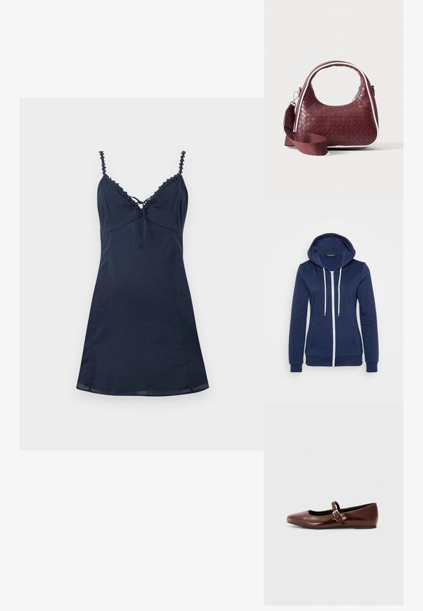 Cazadora de navy con cremallera y cordones blancos, bolsa en el frente y puños acanalados. Tejido suave con una textura lisa, que presenta un diseño casual.; Vestido de tirantes azul marino con escote adornado con encaje, lazo ajustable en la parte delantera y cintura entallada, mostrado extendido sobre un fondo claro.; Bailarina de charol marrón con punta cuadrada y tira que presenta una pequeña hebilla dorada. Textura suave, tacón bajo y diseño minimalista.; Bolso de mano de cuero tejido color granate con asa curva, ribete blanco, cremallera plateada y correa desmontable de tela ancha para el hombro sobre fondo liso.