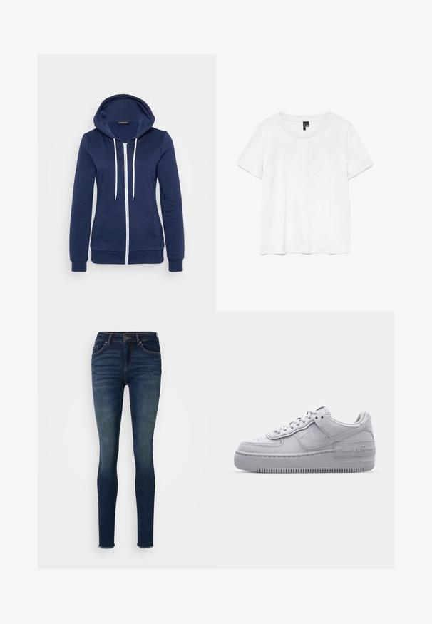 Cazadora de navy con cremallera y cordones blancos, bolsa en el frente y puños acanalados. Tejido suave con una textura lisa, que presenta un diseño casual.; Camiseta blanca de manga corta con un cuello redondo, hecha de tejido ligero. Diseño simple, textura suave y dobladillo recto.; Jeans skinny de color azul oscuro en tejido de denimb, con una cintura de altura media, diseño de cinco bolsillos y dobladillos deshilachados. Textura suave con un ligero desgastado.; Zapatilla Nike Air Force 1 gris con puntera perforada, parte superior de cuero suave, suela gruesa y detalle en relieve 'AIR' en el talón.