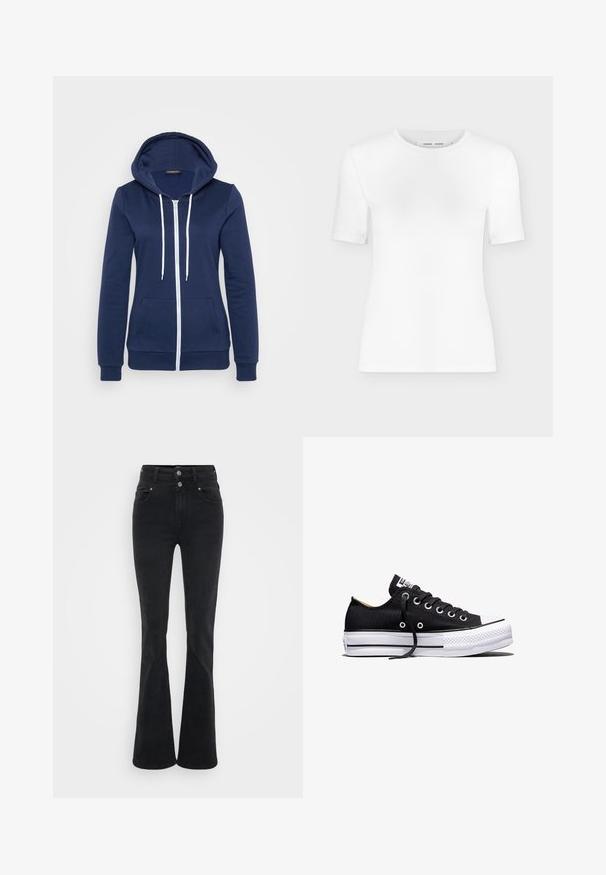 Cazadora de navy con cremallera y cordones blancos, bolsa en el frente y puños acanalados. Tejido suave con una textura lisa, que presenta un diseño casual.; Camiseta blanca de manga corta con cuello redondo, ajuste slim y textura de tejido acanalado, mostrada sobre un fondo liso gris claro.; Vaqueros negros acampanados de mezclilla, con cintura alta, dos botones y bolsillos frontales. La tela tiene una textura suave con un ligero estiramiento.; Zapatilla deportiva negra de lona de corte bajo con suela plataforma de goma blanca, cordones negros y ojales de metal sobre fondo blanco.