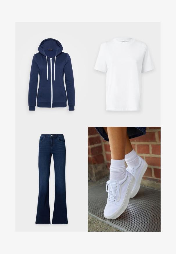 Haut à capuche zippé bleu marine avec des cordons blancs, poches avant et poignets côtelés. Tissu doux avec une texture lisse, arborant un design décontracté.; T-shirt en coton blanc à col rond, avec des manches courtes et une texture lisse. Conçu avec une coupe décontractée pour plus de confort et de polyvalence.; Jean en denim bleu foncé avec jambes évasées, poches avant et fermeture à bouton à la taille.; Baskets en toile blanches avec semelles en caoutchouc, dotées de six œillets, d'un bout rond et de détails de couture légers, portées avec des chaussettes blanches mi-mollet.