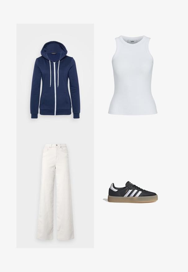 Cazadora de navy con cremallera y cordones blancos, bolsa en el frente y puños acanalados. Tejido suave con una textura lisa, que presenta un diseño casual.; Top sin mangas de canalé blanco con escote redondeado y diseño sin mangas. Cuenta con un corte ajustado y una textura suave, ideal para llevar en capas.; ONLY Tall ONLHOPE GLOBAL HIGH WAIST WIDE - Pantalones - pumice stone; Zapatilla deportiva de cuero negro con tres rayas plateadas, punta texturizada y suela de goma. Cuenta con un collar acolchado y un diseño con cordones.