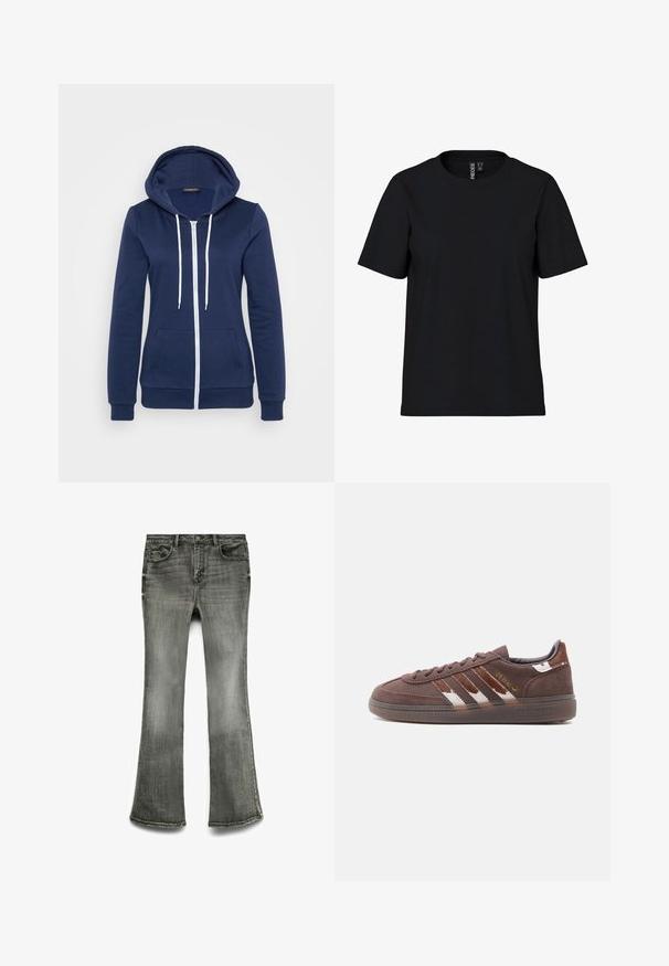 Cazadora de navy con cremallera y cordones blancos, bolsa en el frente y puños acanalados. Tejido suave con una textura lisa, que presenta un diseño casual.; Camiseta negra de manga corta hecha de tela suave con escote redondo. Diseño simple sin patrones ni acentos, corte recto en el dobladillo.; Jeans de campana grises hechos de denim, con un lavado descolorido, cinco bolsillos, cierre de botón y costuras visibles a lo largo de los bordes.; Zapatilla Adidas de ante marrón con rayas blancas y marrón más oscuro, suela de perfil bajo y texto dorado "Spezial" en el lateral.