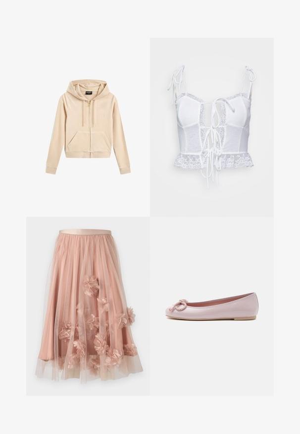 Lichtbeige zip-up hoodie van zachte stof, met een capuchon, voorzakken en een goudkleurige rits met subtiele logo-borduring op de borst.; Witte cropped top met kanten rand, met een strikontwerp aan de voorkant en verstelbare spaghettibandjes. Gemaakt van zachte, gestructureerde stof.; Tule rok in zachtroze met een satijnen tailleband. Voorzien van gelaagde doorschijnende stof en driedimensionale bloemapplicaties verspreid over het geheel.; Lichtroze lakleren ballerina met afgeronde neus, gedraaide koordstrik aan de voorkant en lage beige zool op een witte achtergrond.