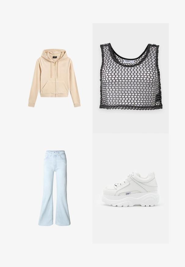 Lichtbeige zip-up hoodie van zachte stof, met een capuchon, voorzakken en een goudkleurige rits met subtiele logo-borduring op de borst.; Zwarte mouwloze crop top met brede mesh-netstructuur en gegolfde randen, plat neergelegd met de voorkant en binnenlabels zichtbaar.; Lichtblauwe jeans met hoge taille, wijde pijpen, knoopsluiting aan de voorkant en zakken aan zowel de voorkant als de achterkant.; Witte platform sneakers van synthetisch materiaal, met een gladde afwerking, dikke zool en subtiele stiksels. Gekoesterd met een logo.
