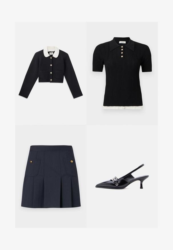 Veste marine cintrée avec un col blanc, des boutons dorés, deux poches avant et une finition en tissu texturé.; Polo en maille noire à manches courtes avec texture côtelée, cinq boutons dorés, col pointu et bordure blanche à l'ourlet.; Jupe à rayures bleu marine foncé avec des plis à l'avant et deux poches à rabat ornées de boutons dorés de chaque côté.; Chaussure à talon bas en cuir verni noir avec bride arrière, bout pointu et détail boucle argentée sur fond blanc uni.