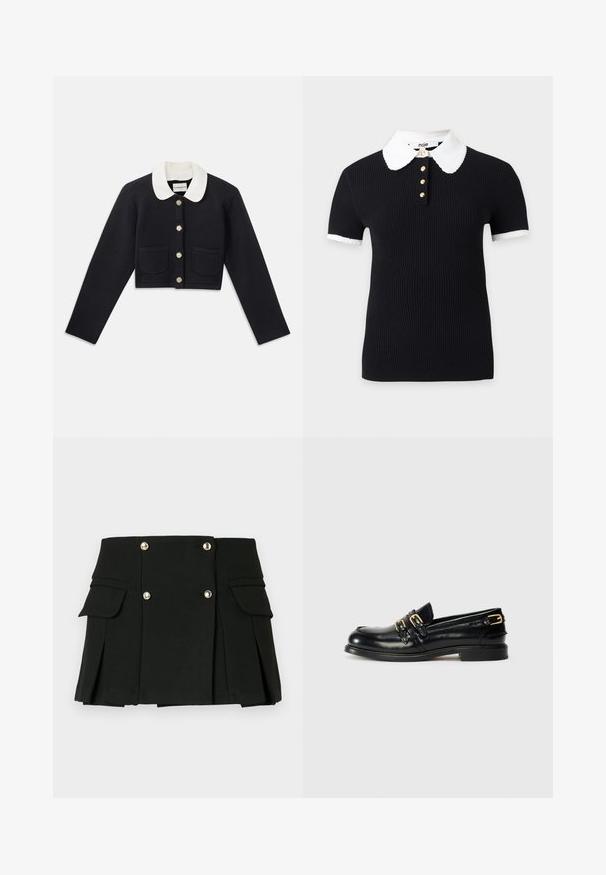 Veste marine cintrée avec un col blanc, des boutons dorés, deux poches avant et une finition en tissu texturé.; Haut noir côtelé à manches courtes avec col et poignets festonnés blancs, orné de quatre boutons dorés sur le devant de l'encolure.; Jupe mini plissée noire en tissu texturé, dotée de deux poches avant et de accents de boutons en ton doré.; Mocassins en cuir noir avec une finition brillante, dotés de deux boucles dorées et d'un talon bas. Texture lisse avec un design à bout arrondi.