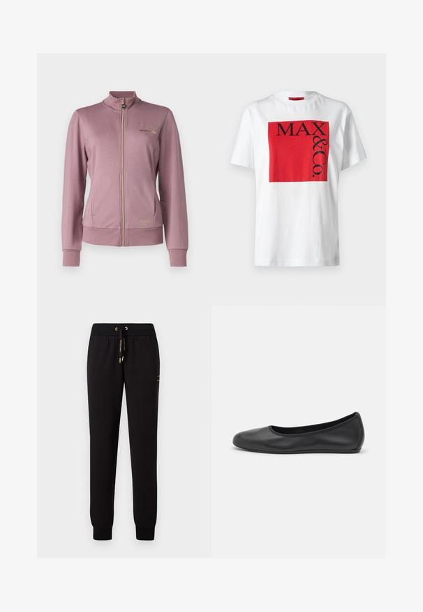 EA7 Emporio Armani Φούτερ με φερμουάρ - toadstool; Λευκό βαμβακερό t-shirt με έντονο κόκκινο ορθογώνιο γραφικό που περιέχει μαύρο κείμενο "MAX & Co." σε διαφορετικά μεγέθη, χαλαρή εφαρμογή, κοντά μανίκια.; Μαύρες φόρμες με στενή εφαρμογή, ελαστική μέση, κορδόνι σε χρυσό και ριμπ μανσέτες; διαθέτουν ένα μικρό λογότυπο στο μπροστινό μέρος.; Μαύρο δερμάτινο μπαλαρίνι με στρογγυλή μύτη, λεία υφή, ελάχιστες λεπτομέρειες ραφής και σχεδίαση ευέλικτης σόλας.