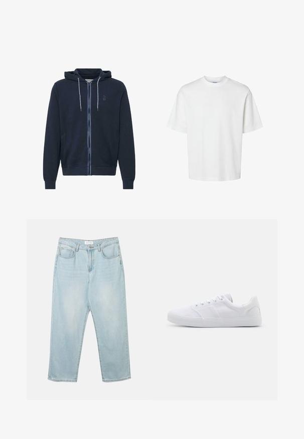 Sweat à capuche zippé marine avec cordon de serrage à la capuche, texture douce, et un petit logo noir sur la poitrine. Présente des détails de fermeture éclair bleue contrastante.; T-shirt blanc uni à manches courtes, col rond et coupe décontractée, présenté sur un fond blanc.; Jean en denim bleu clair avec une coupe décontractée, cinq poches, une fermeture à bouton et un léger délavage. La texture est douce et légèrement usée.; Baskets en toile blanches avec une semelle en caoutchouc, dotées de six œillets, d'un embout texturé et d'un design minimaliste.