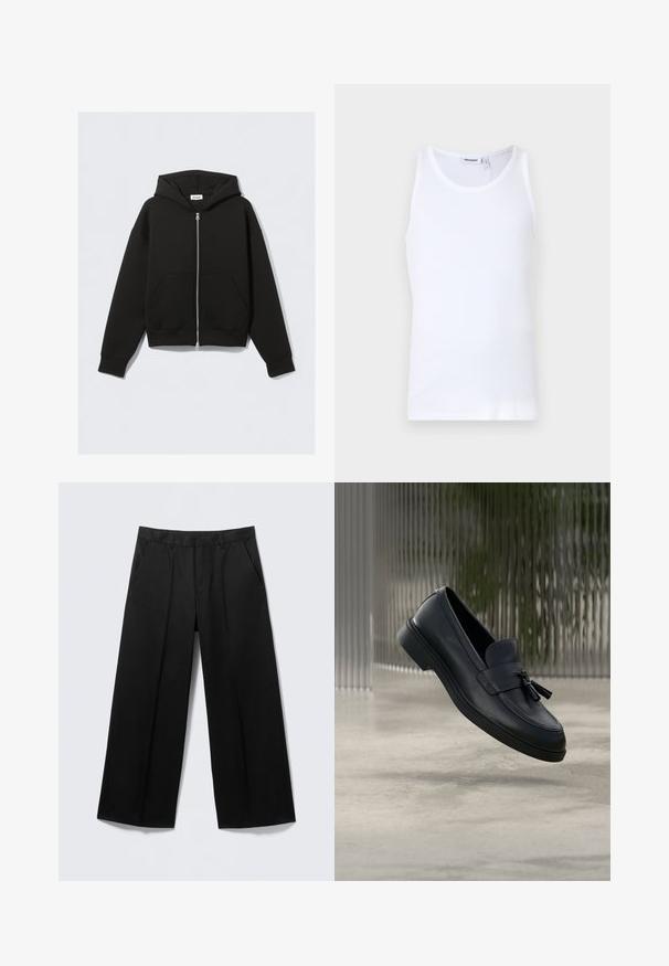 Sweat à capuche noir zippé avec poches avant, manches longues et capuche, posé à plat sur un fond clair.; Débardeur en coton blanc avec un col rond et des bretelles larges. Texture lisse, sans motifs, design épuré et étiquette de marque au niveau du col.; Pantalon large noir avec passants pour ceinture, poches avant et fermeture éclair, présenté sur un fond gris clair.; Mocassins en cuir noir avec une texture lisse, un bout arrondi et des pampilles décoratives à l'avant. Semelle en caoutchouc flexible avec un petit talon.