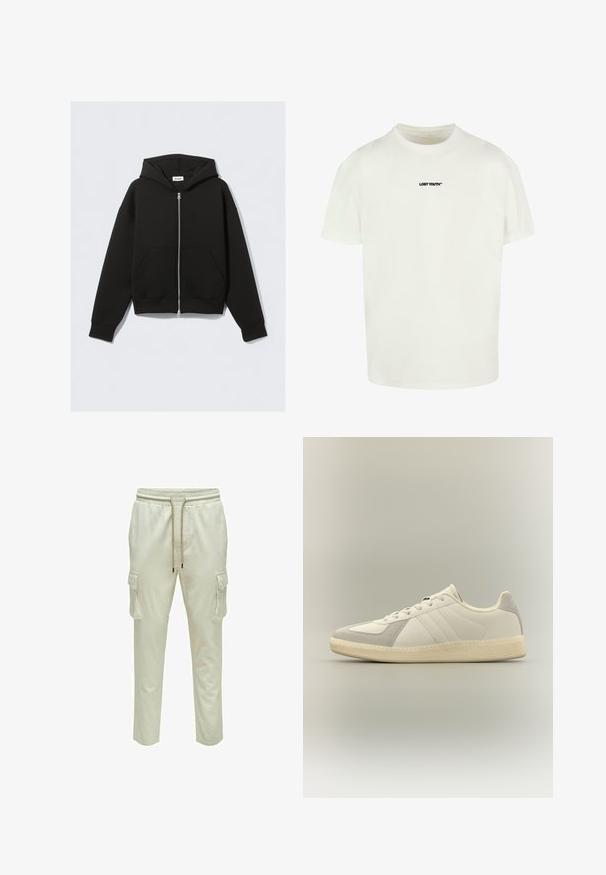 Sweat à capuche noir zippé avec poches avant, manches longues et capuche, posé à plat sur un fond clair.; T-shirt en coton blanc avec manches courtes, col rond, et texte noir "LOST YOUTH" imprimé sur le devant.; Pantalons cargo beige clair avec une taille élastique et un cordon de serrage ajustable, dotés de deux poches latérales et d'une coupe décontractée.; Baskets basses blanches avec accents en daim beige, fermeture à lacets et semelle en caoutchouc texturée de couleur blanc cassé, vues de profil sur un fond neutre.