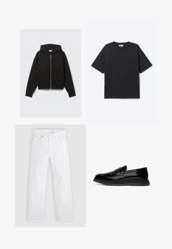 Sweat à capuche noir zippé avec poches avant, manches longues et capuche, posé à plat sur un fond clair.; T-shirt noir à manches courtes avec col rond, coupe décontractée, vue de face, design uni et étiquette de la marque Weekday visible à l’intérieur du col.; Jean blanc à jambes droites avec conception à cinq poches, fermeture par bouton et fermeture éclair, et détails en rivets de cuivre sur les poches.; Mocassins en cuir verni noir avec bout arrondi, coutures apparentes et semelle en caoutchouc noire basse. Logo G-Star embossé sur le côté.