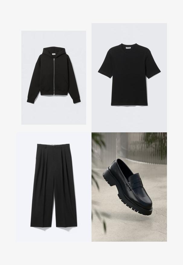 Sweat à capuche noir zippé avec poches avant, manches longues et capuche, posé à plat sur un fond clair.; T-shirt noir à manches courtes avec col rond, portant une étiquette "WEEKDAY" à l'intérieur du col, présenté à plat sur un fond clair.; Pantalon noir à jambes larges avec plis sur le devant, passants pour ceinture et fermeture à bouton, présenté sur un fond clair uni.; Mocassins en cuir noir avec une semelle à crampons épaisse, dotés d'une sangle décorative et de détails de couture. Texture lisse avec une finition polie.