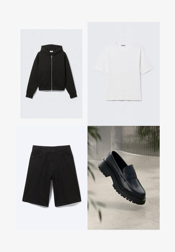 Sweat à capuche noir zippé avec poches avant, manches longues et capuche, posé à plat sur un fond clair.; T-shirt blanc uni à manches courtes et col rond, avec une petite étiquette "WEEKDAY" à l'intérieur du col arrière, présenté à plat.; Short en jean noir longueur genou avec bouton à l'avant, passants de ceinture et cinq poches, présenté sur fond blanc.; Mocassins en cuir noir avec une semelle à crampons épaisse, dotés d'une sangle décorative et de détails de couture. Texture lisse avec une finition polie.