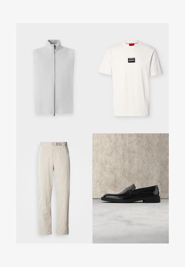 Hellgraues ärmelloses Weste mit hohem Kragen, Frontreißverschluss und glatter Stricktextur. Schlichtes Design, keine zusätzlichen Muster oder Akzente.; Weißes T-Shirt mit kurzen Ärmeln und Rundhalsausschnitt, versehen mit einem kleinen schwarzen rechteckigen Aufnäher und weißem "HUGO"-Schriftzug auf der Brust.; Beige Hosen mit einem geraden Beinschnitt, aus leichtem Stoff gefertigt. Verfügt über einen integrierten Gürtel und eine subtile Textur mit einem eleganten Finish.; Schwarzer, polierter Lederloafer, der über einem beigen Teppich schwebt, mit orangener, durchscheinender Möbel im Hintergrund.