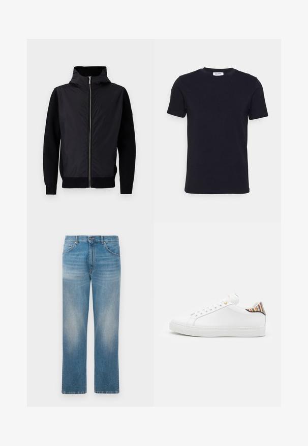 Chaqueta negra con cierre frontal, cuello alto y materiales mezclados: parte superior lisa y mangas y dobladillo de punto acanalado.; Camiseta negra de manga corta con cuello redondo, con una pequeña etiqueta blanca en el interior del cuello.; Jeans de mezclilla azul de pierna recta con parches descoloridos en los muslos y las rodillas, que presentan un clásico diseño de cinco bolsillos y cierre de botón.; Zapatilla de cuero blanca con un acabado suave, que presenta un acento de rayas coloridas en el talón, ojal dorado y suela plana blanca.