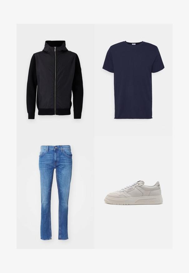 Chaqueta negra con cierre frontal, cuello alto y materiales mezclados: parte superior lisa y mangas y dobladillo de punto acanalado.; Camiseta de manga corta azul marino hecha de tela suave. Presenta un cuello redondo y un corte recto sin patrones ni acentos.; Jeans de mezclilla azules con un diseño de pierna recta, que cuentan con un cierre de botón, cinco bolsillos y un ligero desgaste, sobre un fondo blanco.; Iceberg CLOCK V2 - Zapatillas - comb off white