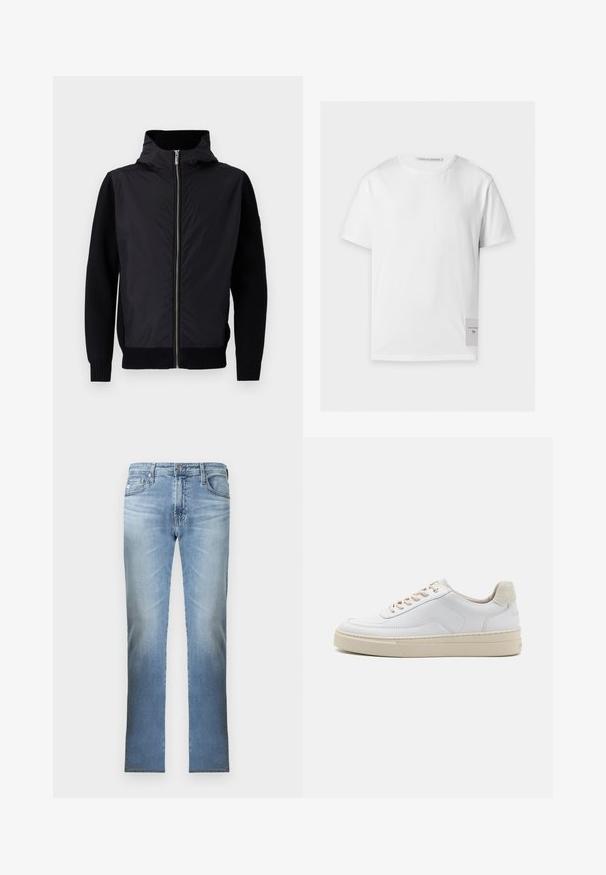 Chaqueta negra con cierre frontal, cuello alto y materiales mezclados: parte superior lisa y mangas y dobladillo de punto acanalado.; Camiseta blanca lisa de manga corta con escote redondo y una pequeña etiqueta rectangular con texto de la marca cerca del dobladillo inferior en el lado derecho.; Jeans de mezclilla azul claro con corte recto, diseño estándar de cinco bolsillos y un ligero desvanecimiento, con cierre de botón y cremallera.; Zapatilla blanca con parte superior de cuero suave, cordones beige y un tirador de talón de ante beige texturizado. Suela elevada para mayor altura.