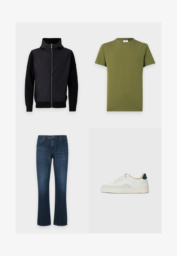 Chaqueta negra con cierre frontal, cuello alto y materiales mezclados: parte superior lisa y mangas y dobladillo de punto acanalado.; Camiseta de manga corta de color verde oliva, hecha de tela suave y lisa. Cuello redondo clásico, líneas limpias y sin patrones ni detalles visibles.; Jeans de mezclilla azul oscuro con un diseño de pierna recta, cinco bolsillos y cierre de botón metálico. Textura suave con un ligero desvanecimiento.; Zapatilla blanca con acentos de ante, puntera redondeada, cordones planos y suela de goma color crema. Presenta un logo verde en el talón.