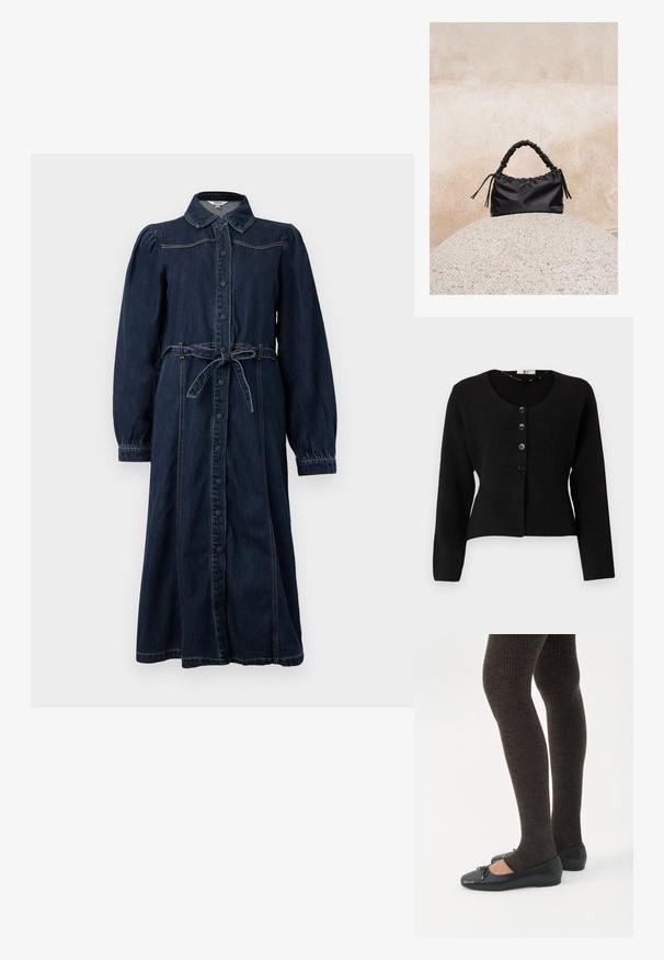 Cardigan noir en tricot avec des manches longues, un col rond et cinq boutons noirs à l'avant ; design court et tissu texturé.; Robe en denim bleu foncé avec un col, des boutons à l'avant, de longues manches bouffantes et une ceinture nouée à la taille. Comprend des détails de couture.; Jambes portant des leggings côtelés foncés associés à des ballerines noires avec de petits détails en nœud sur fond blanc.; Sac à main noir froncé avec une poignée froncée, posé sur une sphère en pierre texturée devant un mur en béton beige.