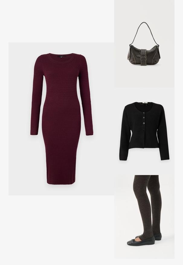 Cardigan noir en tricot avec des manches longues, un col rond et cinq boutons noirs à l'avant ; design court et tissu texturé.; Vero Moda VMSILJE ONECK CABLE - Robe pull - winetasting; Jambes portant des leggings côtelés foncés associés à des ballerines noires avec de petits détails en nœud sur fond blanc.; Sac à épaule en cuir noir avec une sangle à boucle, des bords arrondis et des coutures blanches contrastées sur un fond uni.