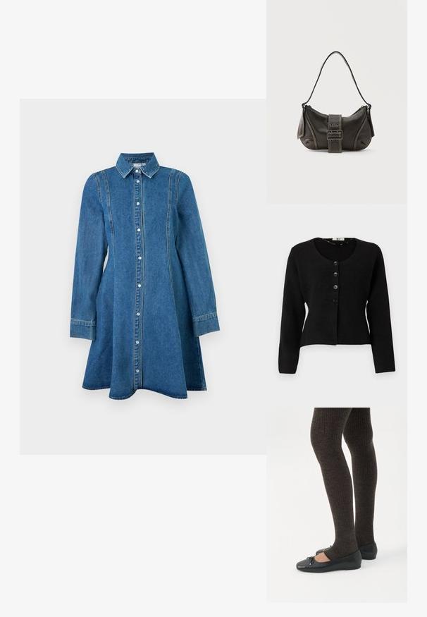 Cardigan noir en tricot avec des manches longues, un col rond et cinq boutons noirs à l'avant ; design court et tissu texturé.; Robe en denim bleu à manches longues avec col, fermeture boutonnée sur le devant et détails de coutures, s'évasant légèrement à l'ourlet.; Jambes portant des leggings côtelés foncés associés à des ballerines noires avec de petits détails en nœud sur fond blanc.; Sac à épaule en cuir noir avec une sangle à boucle, des bords arrondis et des coutures blanches contrastées sur un fond uni.
