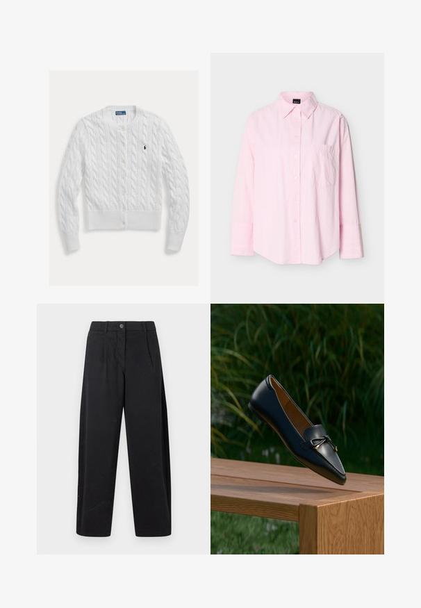 Hvid strikket cardigan med kabelmønster, rund halsudskæring og knaplukning, med ribkant forneden og ved ærmerne. Lille logo på brystet.; Lyserød langærmet skjorte med knapper, krave og en enkelt brystlomme, vist mod en ensfarvet baggrund.; Sorte bomuldssbukser med bred ben-silhuet, plisseret front og enkelt knaplukning i taljen, med sidelommer.; Sort læderloafer med detaljeret sløjfe, der svæver over en træbænk med grøn græs og planter i baggrunden.