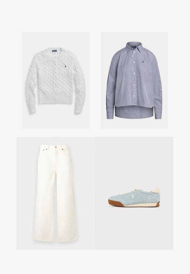Hvid strikket cardigan med kabelmønster, rund halsudskæring og knaplukning, med ribkant forneden og ved ærmerne. Lille logo på brystet.; Hvid og mørkeblå skjorte med lodrette striber, lange ærmer, knapper og krave samt lille broderet logo på brystet.; Hvidt vidtbenet jeans med høj talje, forrest med knap og lynlås, fem-lomme design og detaljer med kobbernitter.; Lyseblå ruskindssneakers med beige accenter, brun sål og broderet hvid hestelogo på siden, vist i profil på ensfarvet baggrund.