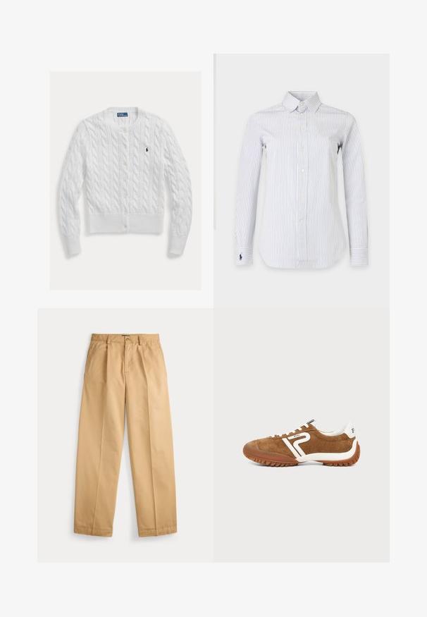 Hvid strikket cardigan med kabelmønster, rund halsudskæring og knaplukning, med ribkant forneden og ved ærmerne. Lille logo på brystet.; Hvid langærmet skjorte med tynde, lodrette navy striber, spids krave og broderet navy polospiller-logo på venstre manchet.; Beige bukser med lige ben, lukning med knap og lynlås, forlommer, bæltestropper og pressede folder ned langs benene.; Brun ruskind sneaker med hvide accenter, brun gummisål og "Polo" branding på siden og hælklap, vist i profil.