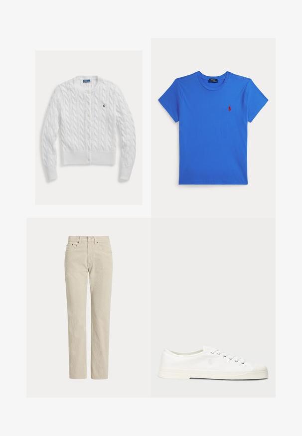 Hvid strikket cardigan med kabelmønster, rund halsudskæring og knaplukning, med ribkant forneden og ved ærmerne. Lille logo på brystet.; Blå t-shirt med korte ærmer og rund hals med lille rødt Polo Ralph Lauren-logo på venstre bryst, vist på hvid baggrund.; Beige, lige-benede fløjlsbukser med bæltestropper, frontknap, lynlås og frontlommer.; Hvide lærredssneakers med rund tå, snørelukning og diskret logo-detalje. Har en tekstureret overflade og gummisål.