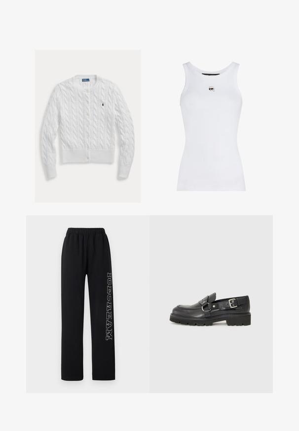 Witte gebreide cardigan met een kabelpatroon, ronde halslijn en knoopsluiting, met geribbelde zoom en manchetten. Klein logo op de borst.; Wit geribd mouwloos tanktop met een kleine geborduurde afbeelding van een gezicht met een zonnebril en een wit hoofddeksel, gecentreerd onder de halslijn.; Zwarte joggingbroek met elastische tailleband en witte, gestippelde tekst "DREAM" die verticaal over het rechterbeen loopt tegen een effen achtergrond.; Zwarte leren loafers met een chunky zwarte rubberen zool, voorzien van een decoratieve band en zilveren gespdetails aan de zijkant.