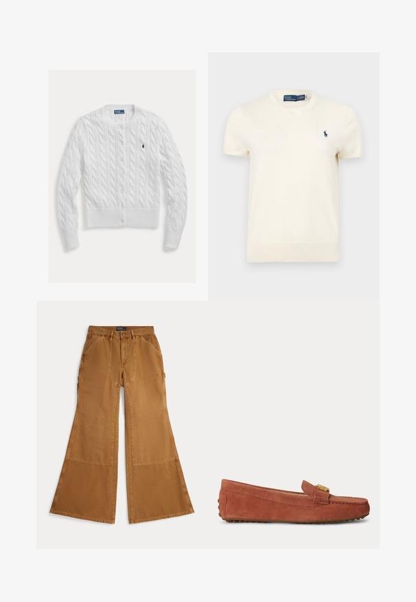 Hvid strikket cardigan med kabelmønster, rund halsudskæring og knaplukning, med ribkant forneden og ved ærmerne. Lille logo på brystet.; Kremfarvet Polo Ralph Lauren T-shirt med korte ærmer, rund halsudskæring og lille mørkeblå broderet logo på venstre bryst.; Brune viddebukser lavet af bomuld med lapdetaljer, knaplukning og skrå lommer foran. Glat tekstur, afslappet design.; Brun ruskind loafer med guldbeklædt spænde, rundet tå og gummisåler, vist fra siden på en ensfarvet baggrund.